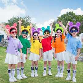小学生六一儿童节多彩表演服短袖童装幼儿园园服七彩演出服运动会
