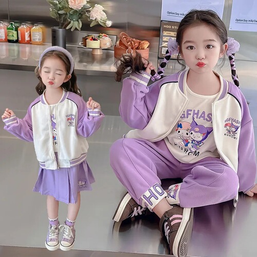 Three-piece set for girls, medium-sized children's autumn long-sleeved suit, children's style Korean style cartoon Kuromi baseball uniform