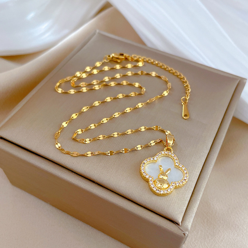 Fashion Rabbit Stainless Steel Copper Inlay Artificial Gemstones Pendant Necklace 1 Piece