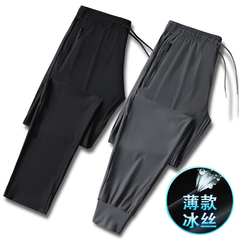 Verano hombres de seda de hielo pantalones casuales ligero ancho elástico cintura cordón recto cordón más tamaño pantalones de seda de hielo hombres al por mayor
