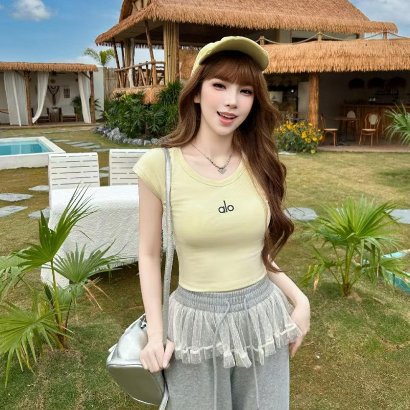 Alo Gentle Macaron-Colored Short-Sleeve Top with Chest Pads Dopamine Beauty Back Candy-Colored American-Style Spicy Girl Top