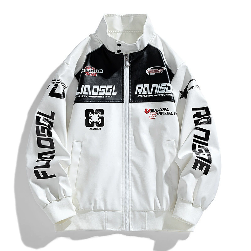 Вышитая цветная молодежная кожаная одежда 2024 новая куртка новая мужская кожаная куртка PU кожаная куртка с вертикальным воротником автомобильная одежда гоночный автомобиль