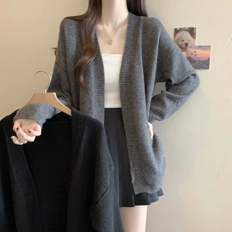 2024 осень и зима новый сплошной цвет ленивый ветер вязаный свитер шаль свитер большой размер свободный дикий повседневный топ