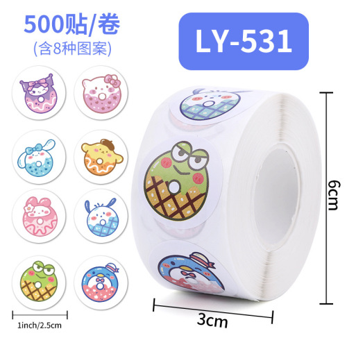Three Lio Donut Sticker Seal 500PCS Roll Self-Adhesive Label Children Cartoon Roll Roll Sticker Wholesale