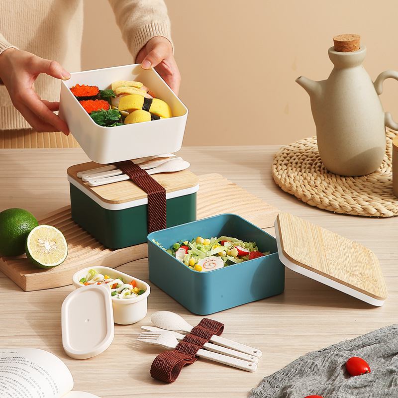Tapa de madera de bambú de estilo japonés caja de almuerzo simple separada de trabajador de oficina portátil estudiante microondas caja de almuerzo de una sola capa caja de almuerzo