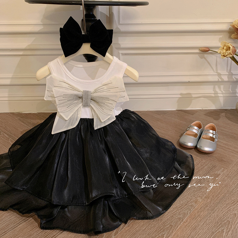Vestido negro elegante y con estilo para niñas, con lazo, estilo princesa, verano 2024, vestido tipo camiseta delgado estilo coreano