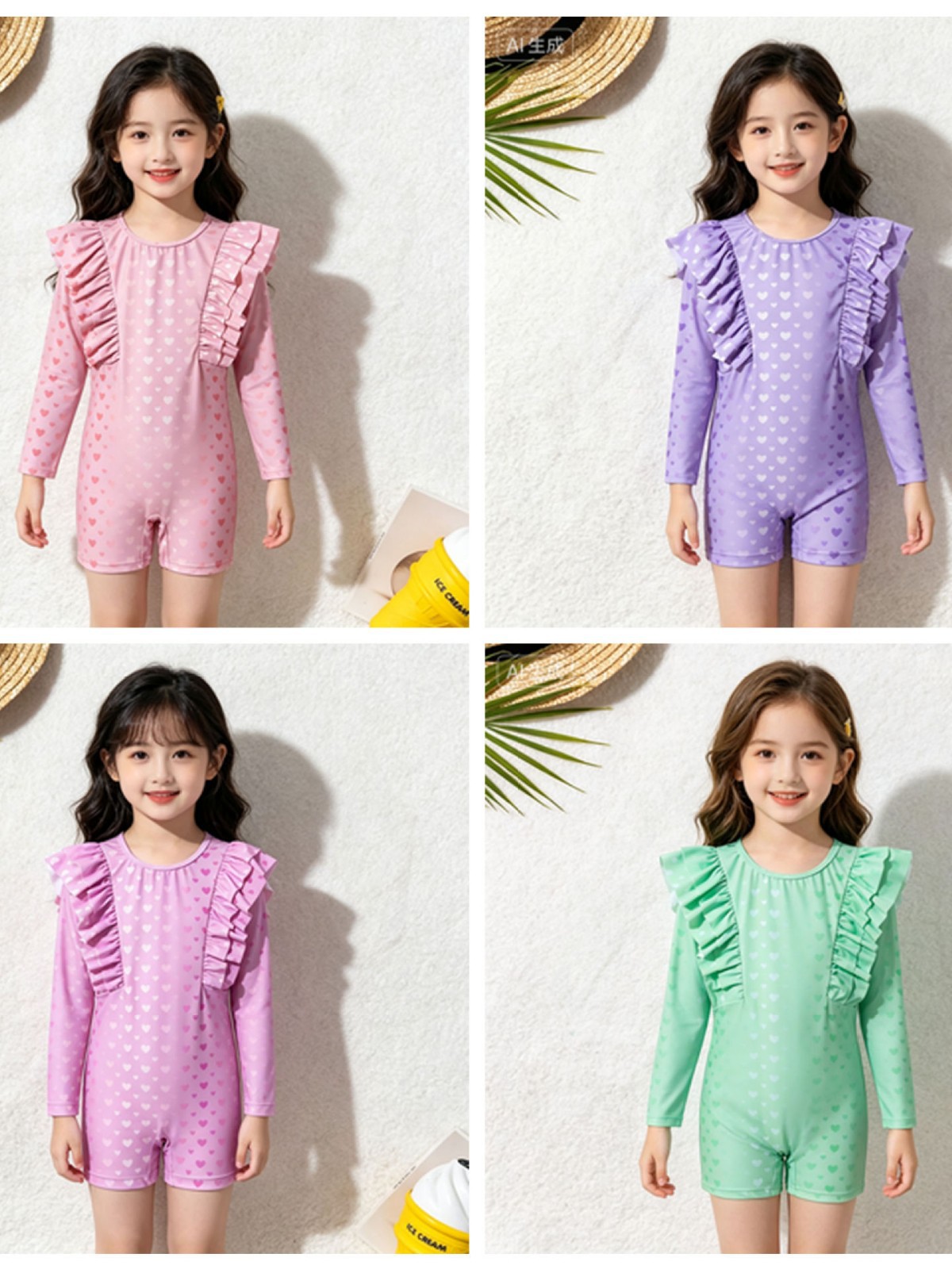 Girls Fashion Cute Printed Long Sleeve Sun Protection Girls Swimsuit Hot Spring Beach 2025 New Cross-Border Swimsuit