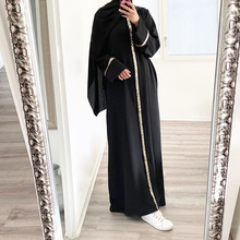 新款马来西亚跨境穆斯林女装长袍拼接镶边亮片连衣裙Muslim abaya