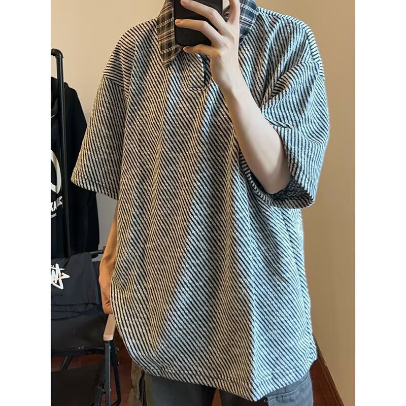 2026 New Summer Trendy Brand Sports Casual Loose Top Plaid Turn-Down Collar Polo Shirt Versatile Short-Sleeve