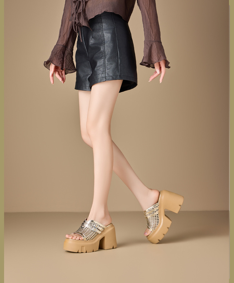 Dép sandal nữ gót vuông đế dày 12 cm phong cách thời trang hở mũi — màu đen chi tiết 1