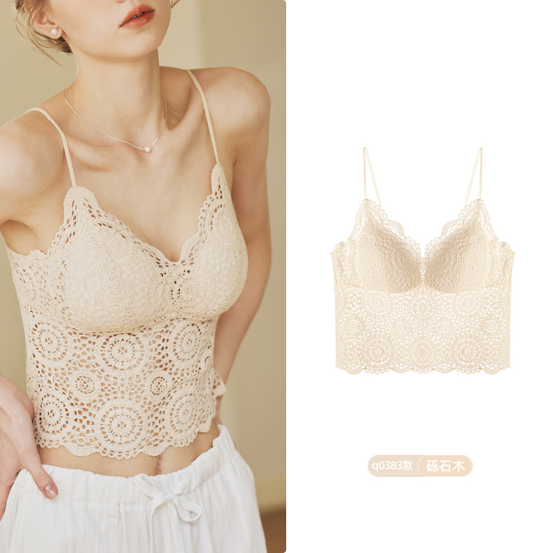 8729 French Light Luxury Encaje sexy Deep V Medio Sling Encaje Ropa interior Chaleco Mujer Sujetador sin cuello en V Mujer