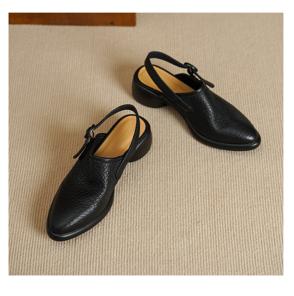 Sandal nữ da dê mũi tròn gót vuông cao 7 cm quai ngang khóa một chữ — đen chi tiết 13