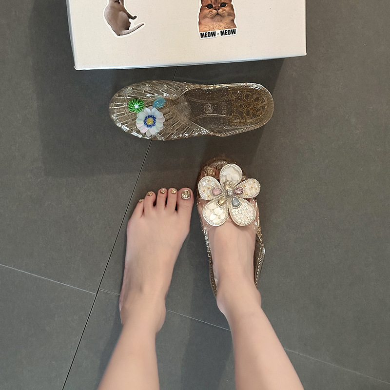 时尚百搭拖鞋水钻花朵水晶包头拖鞋女夏季设计感居家果冻鞋凉拖鞋|undefined