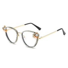 Cross-border new luxury women's glasses frame with diamonds and pearls retro cat eye anti-blue light flat mirror personalized party eyes