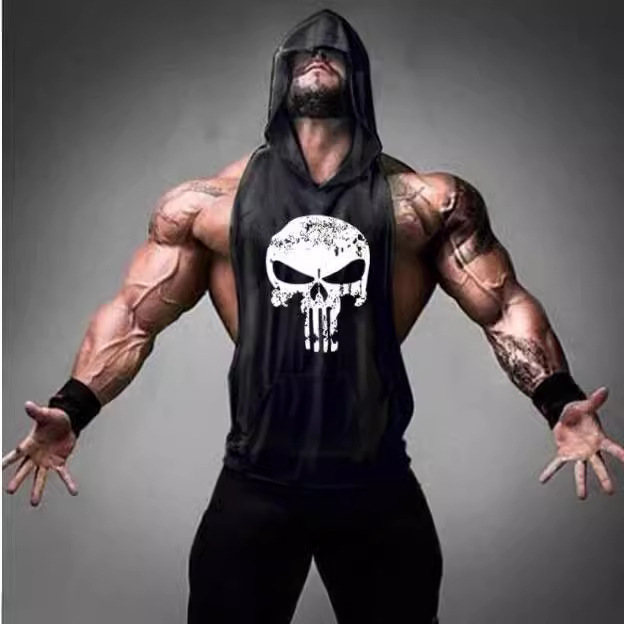 Foreign trade deep digging bodybuilding virtual skull fitness hooded waistcoat trendy men's summer hooded gym vest