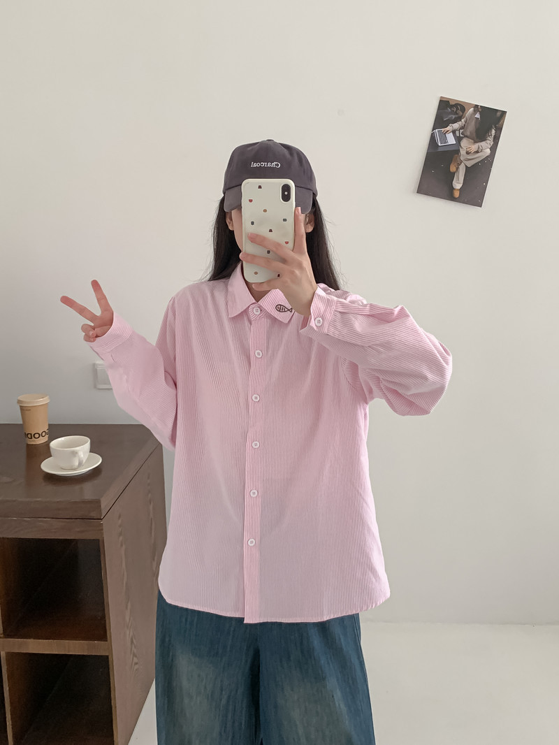 韩版新款 条纹印花卡通刺绣小鱼宽松女士开衫长袖衬衫批发