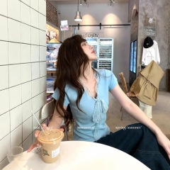 詩集より起爆派生フランスレースvネックニット女性純欲風修身痩せtシャツ夏