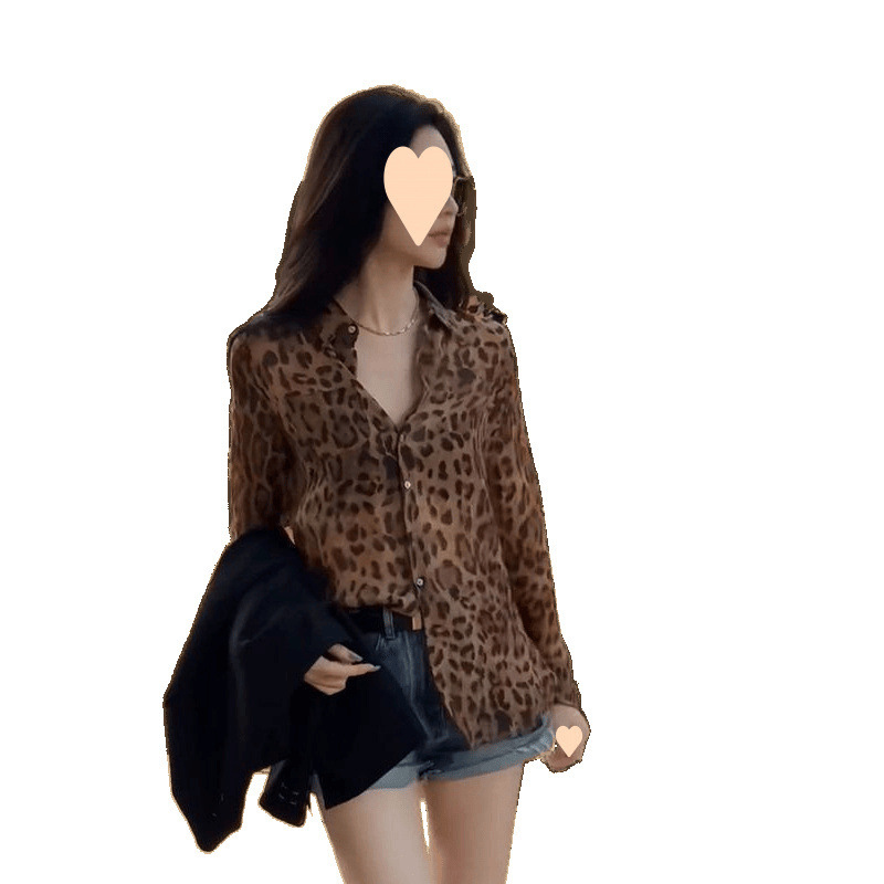 ヨーロッパヒョウ柄長袖シャツ女性の夏薄いルーズシフォンシャツデザインレトロ気質トップ|undefined