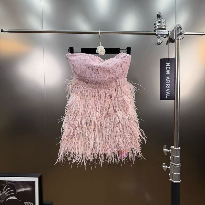 Spring 2026 French-Style Light Luxury Feather Strapless Dress, Waist-Cinching Slimming Elegant Pink Short Dress