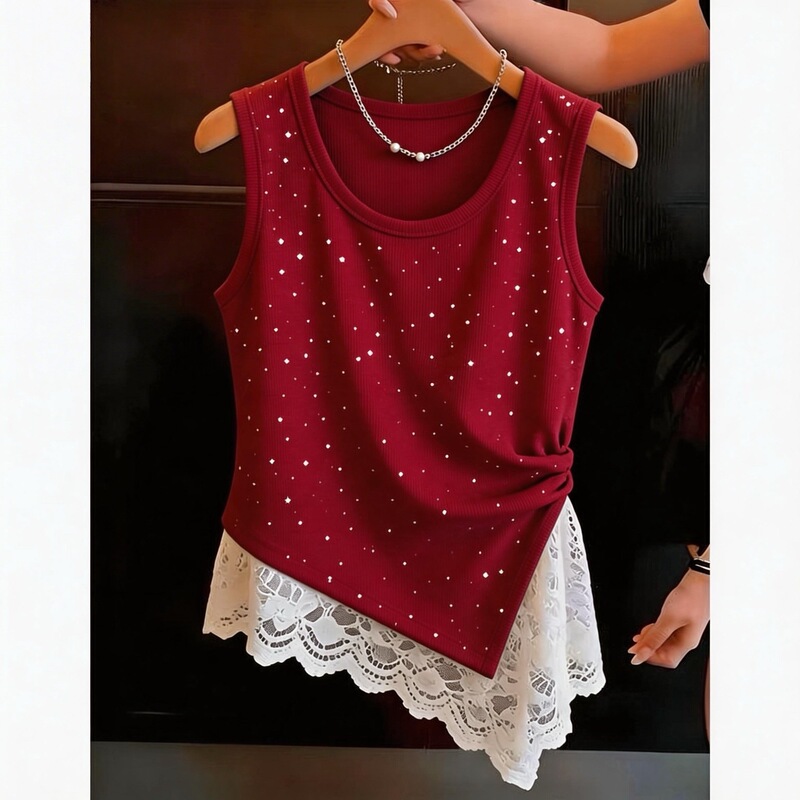 Wholesale Stylish Lace Patchwork Sequin Camisole for Women, Summer Sleeveless Super Fairy-Like and Beautiful Top, One-Piece Drop Shipping
