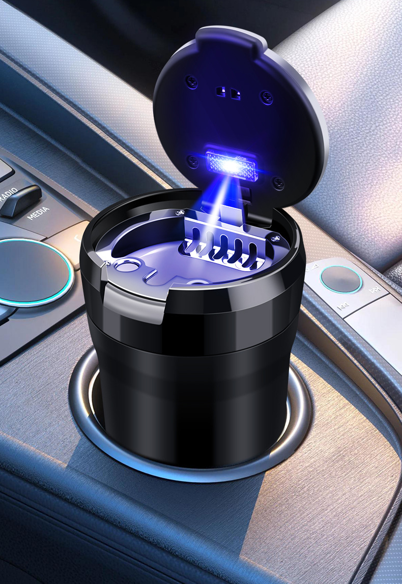 New Car Ashtray with Flip-Top Lid, Light-Up Ceramic Liner, Sealed to Prevent Fly Ash and Smoke Smell, Large-Capacity Ashtray