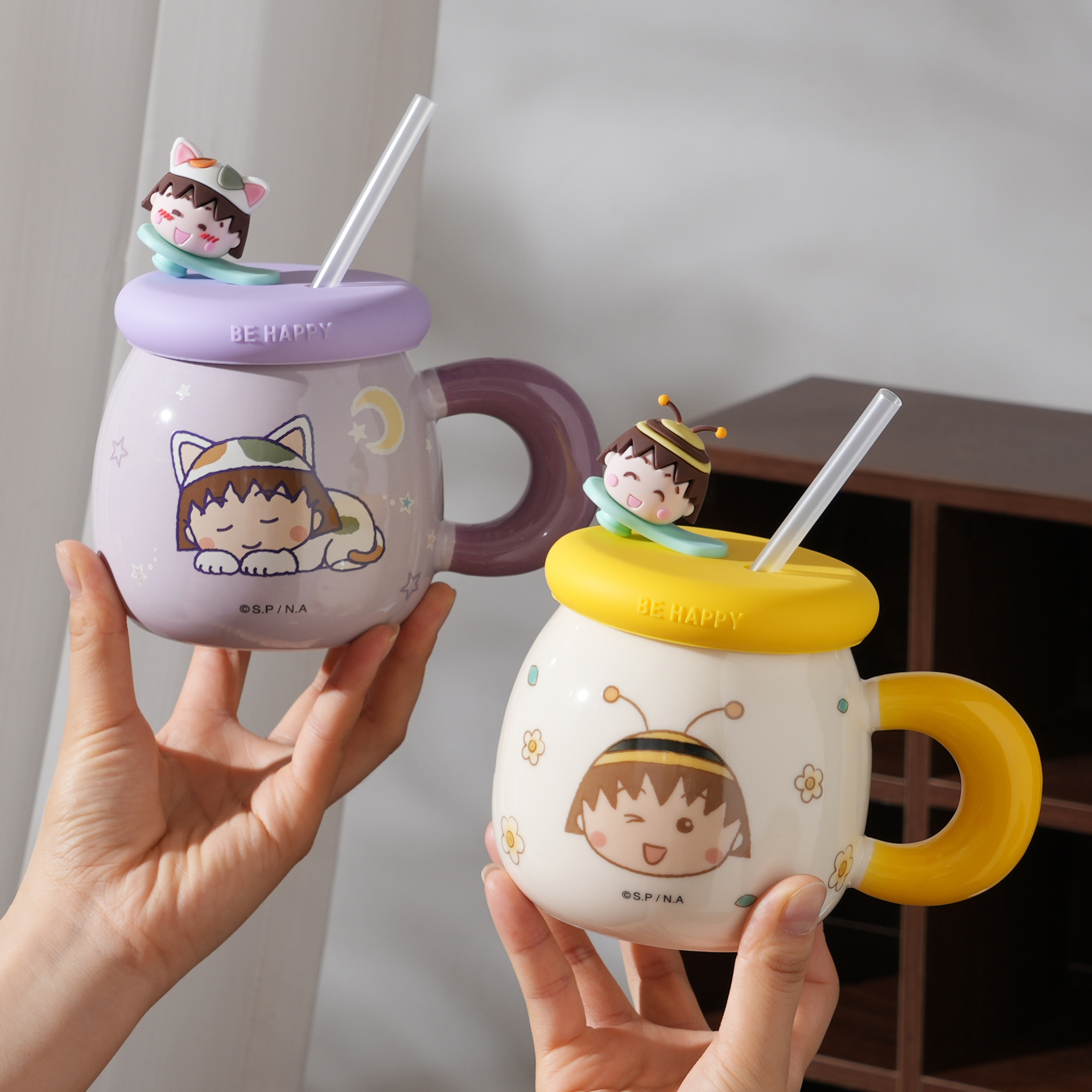 Taza de pajita de bolas de cereza Taza de cerámica para el hogar Memoria de la infancia Taza de agua para niños Taza de bebé familiar