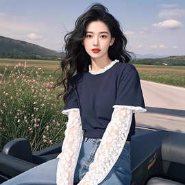 2025春季新款独特漂亮内搭上衣白色蕾丝拼接假两件长袖t恤女爆款