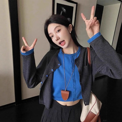 假两件撞色拼接针织开衫女早秋季韩系氛围感穿搭毛衣外套长袖上衣