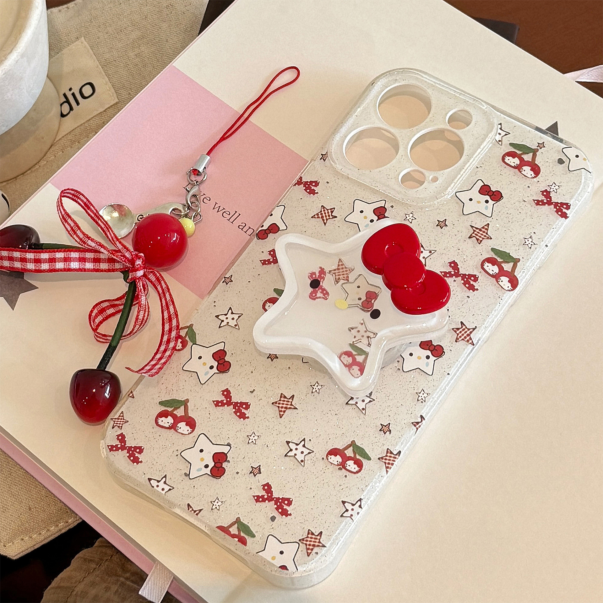 Funda brillante para iPhone 16, compatible con el teléfono Apple 13, diseño de gato cereza, con soporte para iPhone 15 Pro Max, colgante para iPhone 17