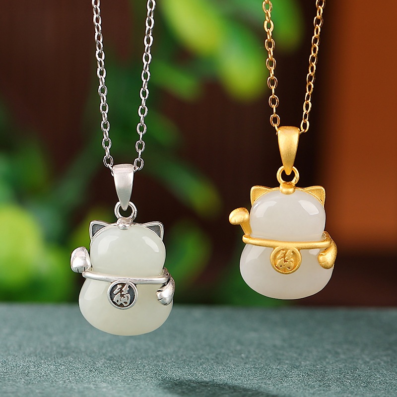 Mặt dây chuyền bạc S925 mạ vàng ngọc bích Hòa Điền hình chữ Phúc mèo may mắn phong cách Trung Hoa — Kiểu mạ vàng (Mặt dây chuyền đơn không có dây chuyền)