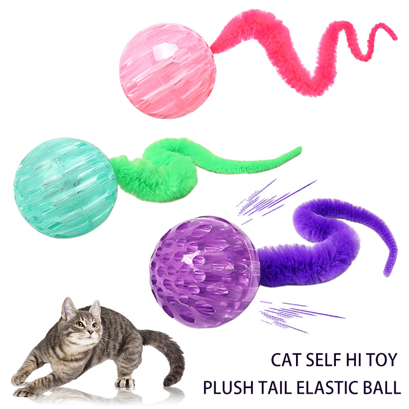 Gato rebotando oruga bola de mascota que muerde sin romperse