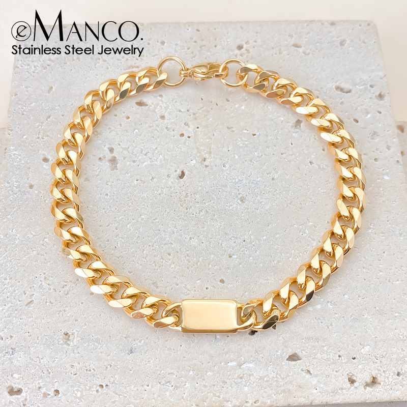 Emanco Simple Thick Chain Titanium Steel Bracelet Men's Ins Niche Design High-End Oval 14K Gold Popular Trend