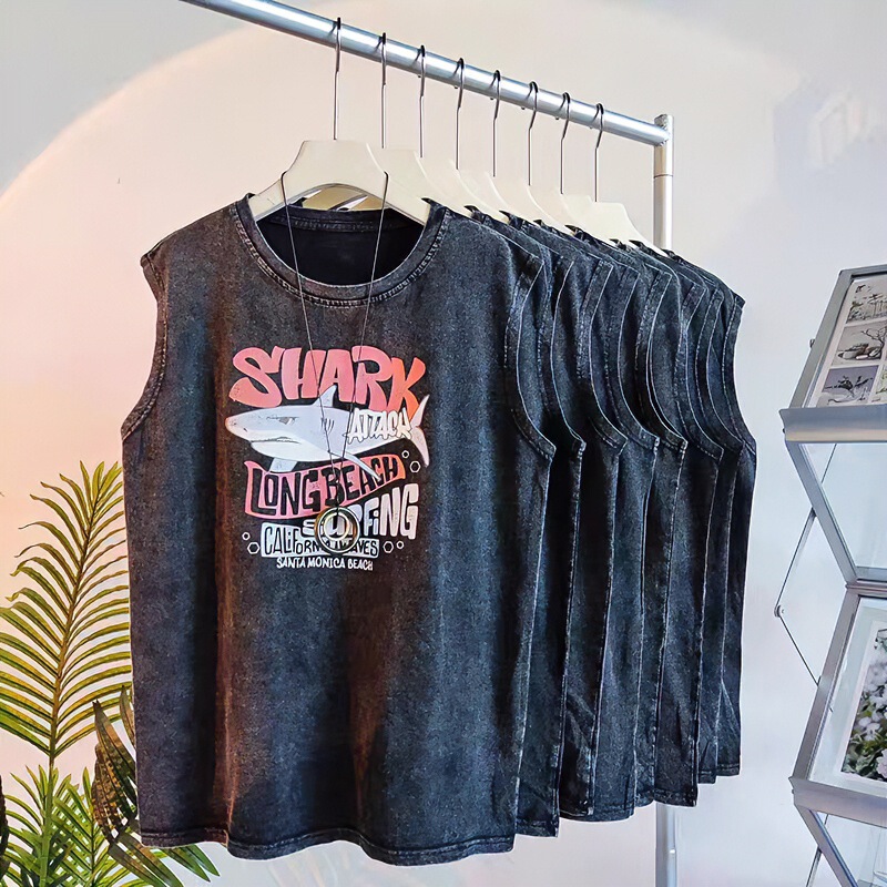 American Style Sleeveless T-Shirt Pure Cotton Summer Sports Men's Washed Waistcoat Shark Vest Unisex Wide Shoulder Top