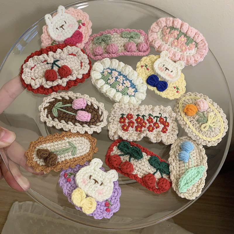 crochet handmade wool embroidery fresh cute sweet colorful flower barrettes side bangs bb clip hair accessories