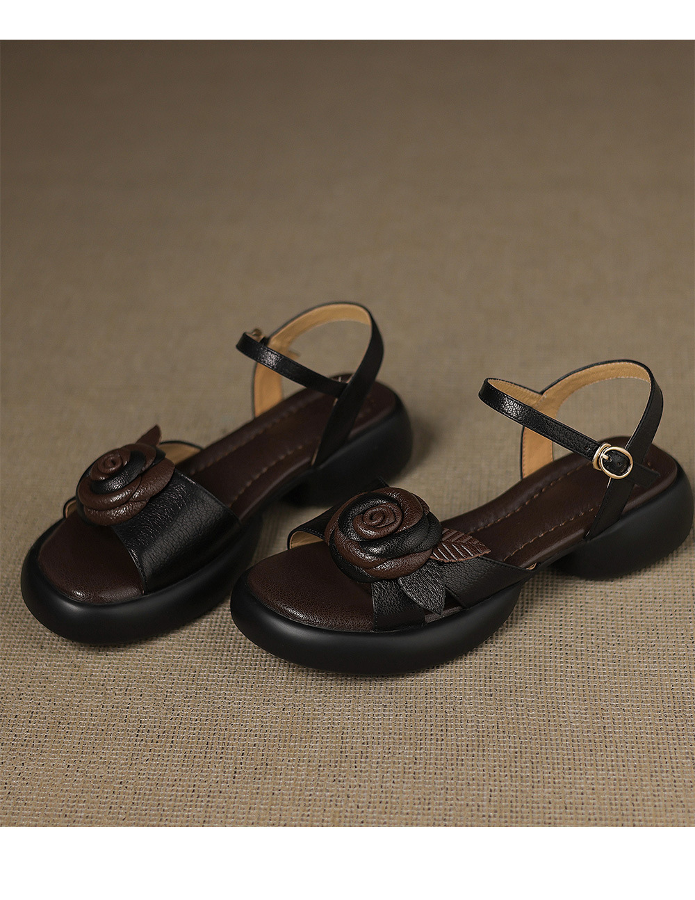 Sandal nữ hở mũi quai ngang đế dày họa tiết hoa sơn trà — đen chi tiết 18