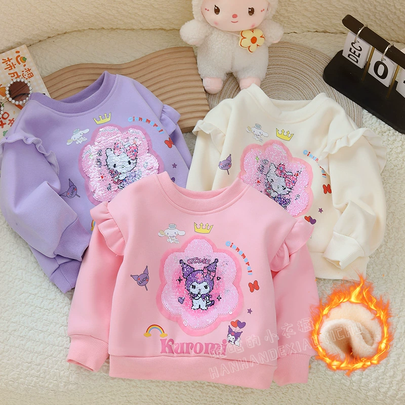 Детская флисовая толстовка, осенний стиль, с небольшими рукавами-крылышками, принт-карточка, пайетки, меняющая цвет, с интегрированным флисом, длинные рукава, подходит для ношения студентами на улице.