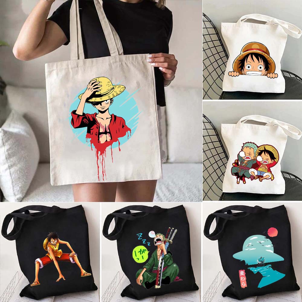 Una pieza de una pieza luffy anime impreso bolsa de lona bolsa de hombro bolsa plegable bolsa de compras