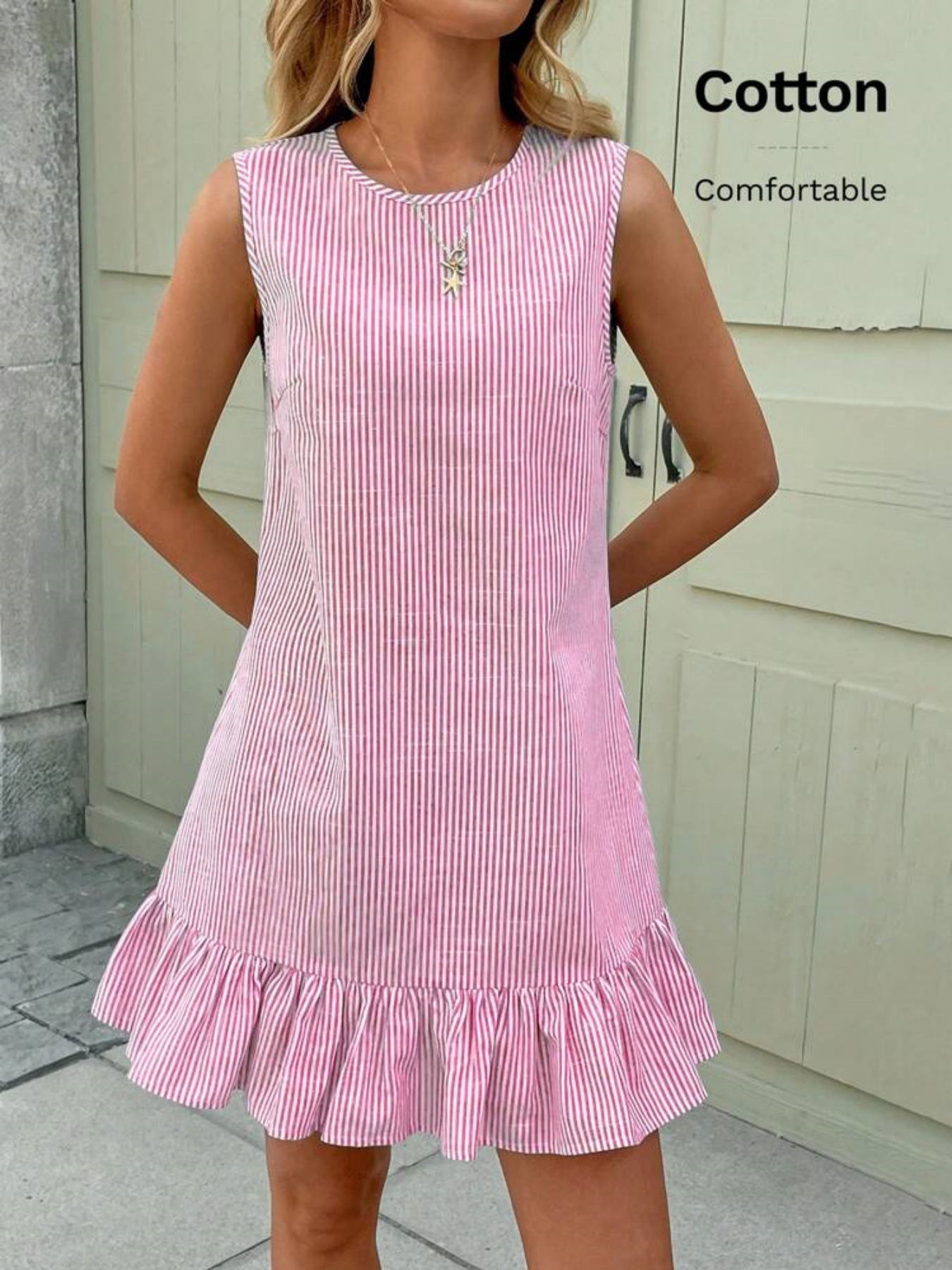 Women's Breathable Linen Blend Sleeveless Dress Ruffled Hem Autumn Stripes Flowy A-Line Midi Dress for Autumn_ecoleips.com