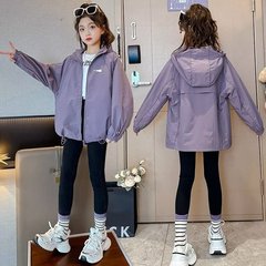 女童春秋連帽衝鋒衣2023秋裝新款中大童時尚防風拉鏈開衫兒童外套