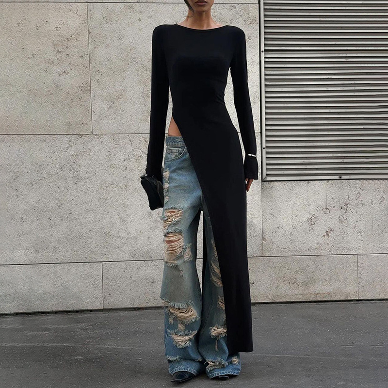 309g Weight Maxi Long Dress Dress Length Type Wholesale Women's Streetwear Slit Dress Solid Color Holiday Round Neck Long Sleeve Slit Dress