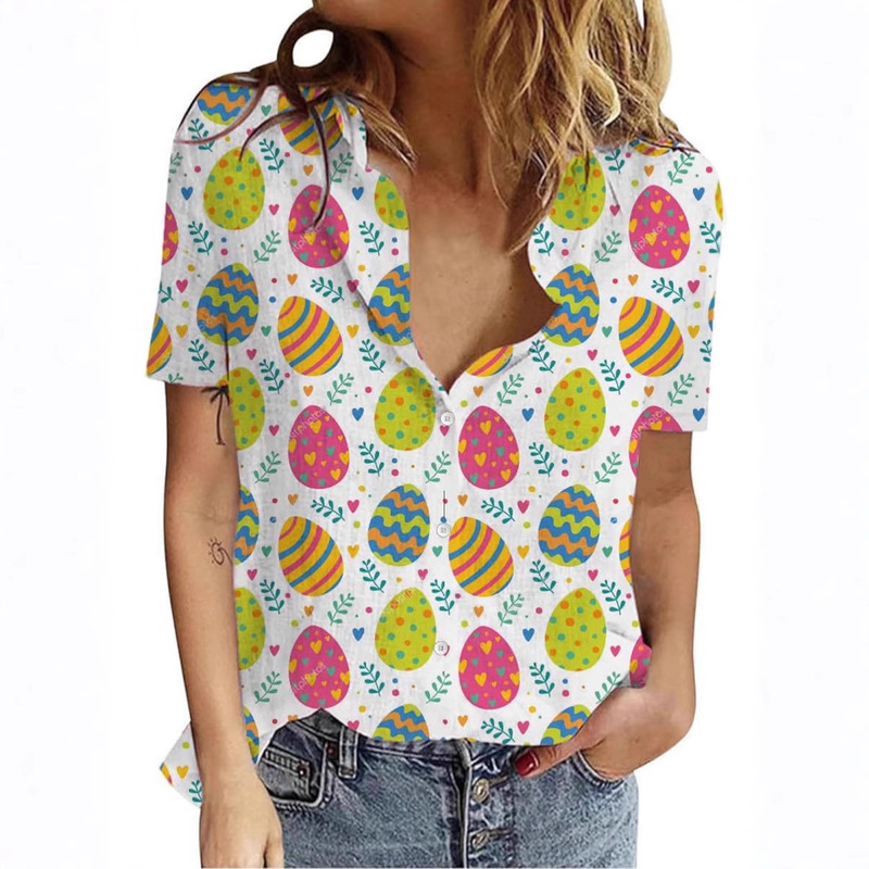 European and American Cross-Border Best-Selling Women's Easter Egg Pattern 3D Digital Printing Button Short-Sleeved Cardigan Blouse
