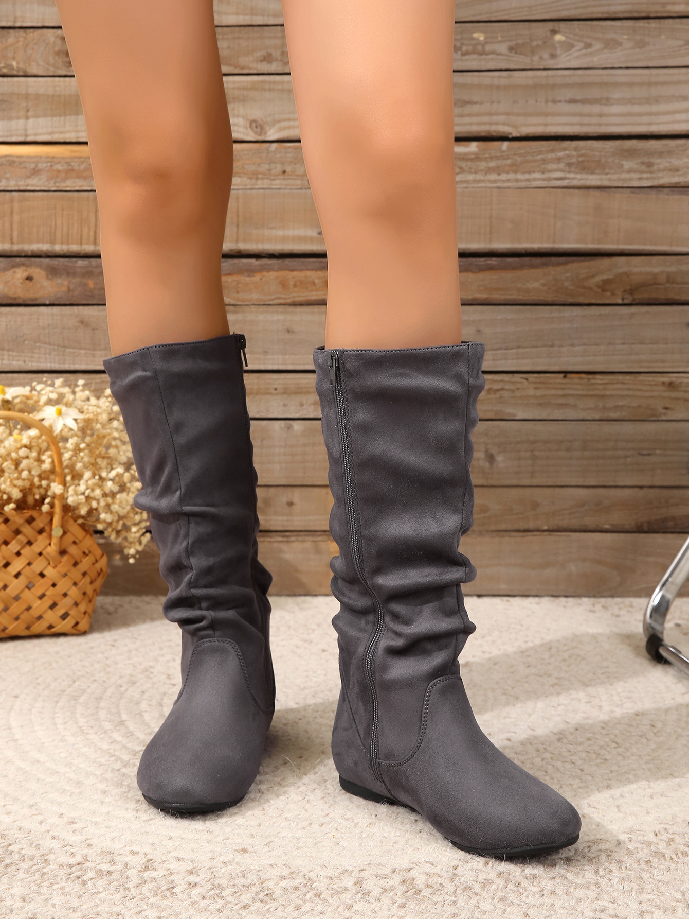 Leopard print flat heel round head side zipper mid-calf boots Winter warm vintage plus size fashion boots for women_voghion.com