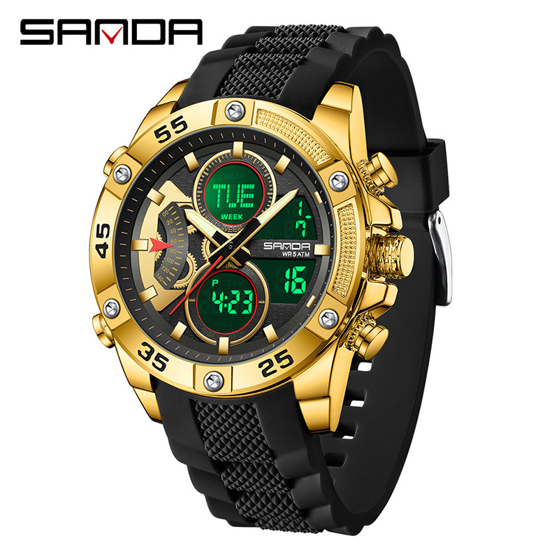SANDA Sanda 5104 explosión de reloj de estudiante Reloj electrónico multifuncional Reloj deportivo a prueba de agua doble pantalla