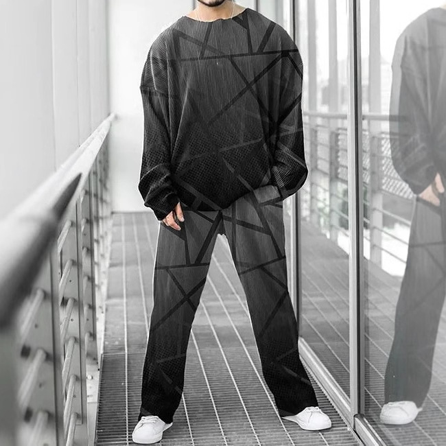 Colorido estilo personalizado estampado de dos piezas guapo otoño nuevo color contraste estilo Hong Kong cuello redondo camiseta pantalones ME6-MR10