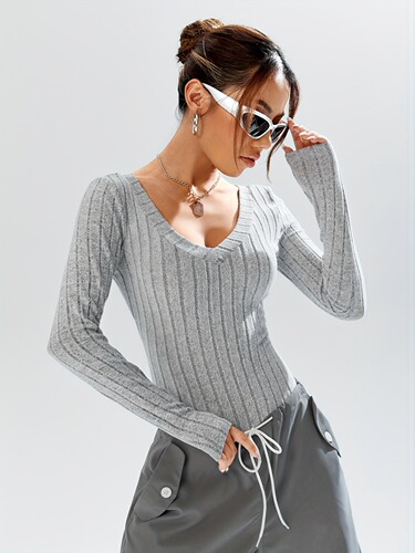 Summer New Collection Simple Casual Solid Color Deep V-Neck Striped Design Slimming Waist Length Sleeveless Bodysuit for Women