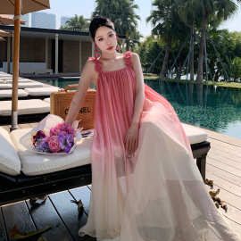 度假拍照沙滩裙海边粉色渐变吊带真丝长裙立体绣花超仙