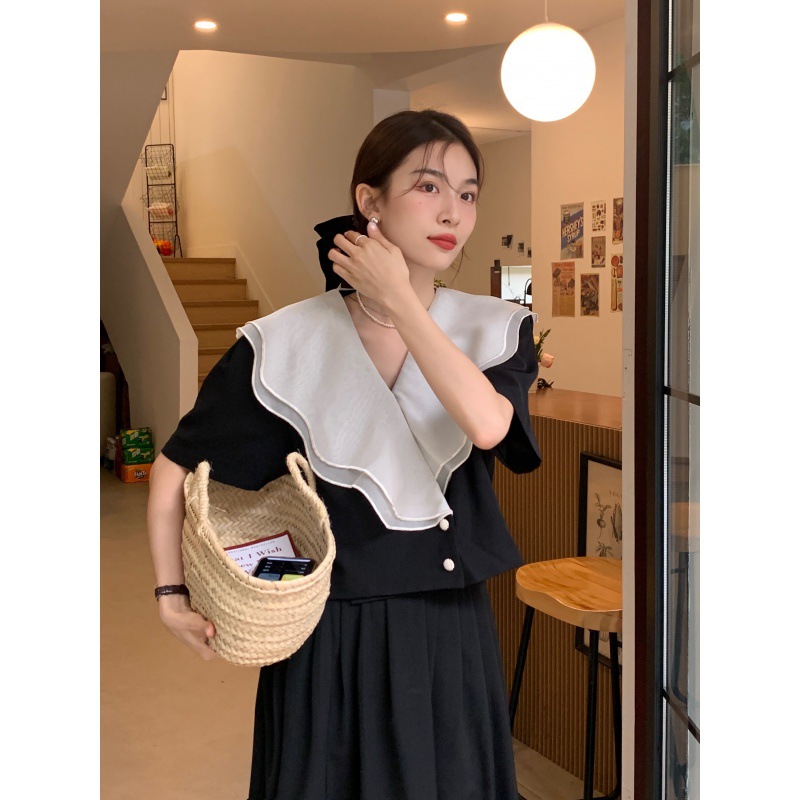 Real shot!French temperament double-deck organza Doll collar Short sleeved shirt Pleated skirt suit