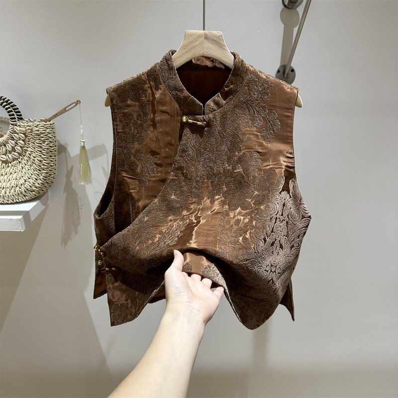 High-End Jacquard Chinese Style Sleeveless Vest Jacket for Women Early Autum New Style Unique and Niche Gold Velvet