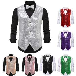 Autumn and winter New Fashion bright shiny jacket Amazon wholesale purchasing men's sequined vest with bow tie MJ30