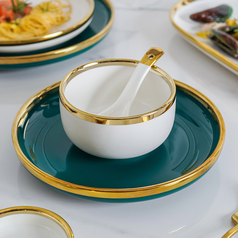 Nórdico borde dorado hogar vajilla de cerámica traje creativo tazón combinación ins viento neto arroz rojo tazón plato fideos